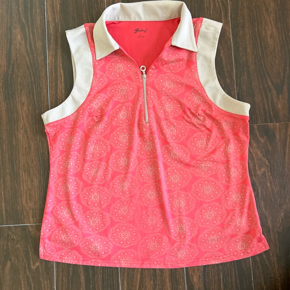 Pink Mandala Swing Sleeveless Activewear Top with Beige Collar size L